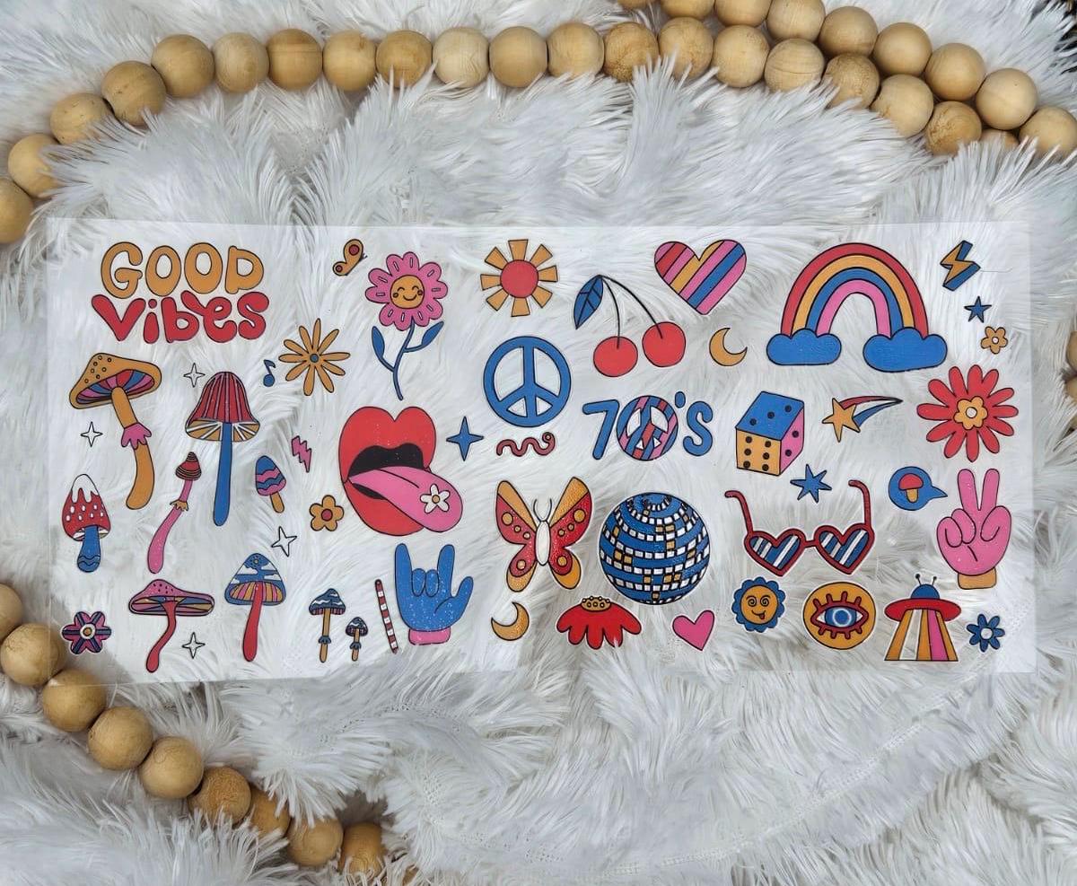 70s Theme UV DTF 16oz Tumbler Wrap: Retro Colorful Design