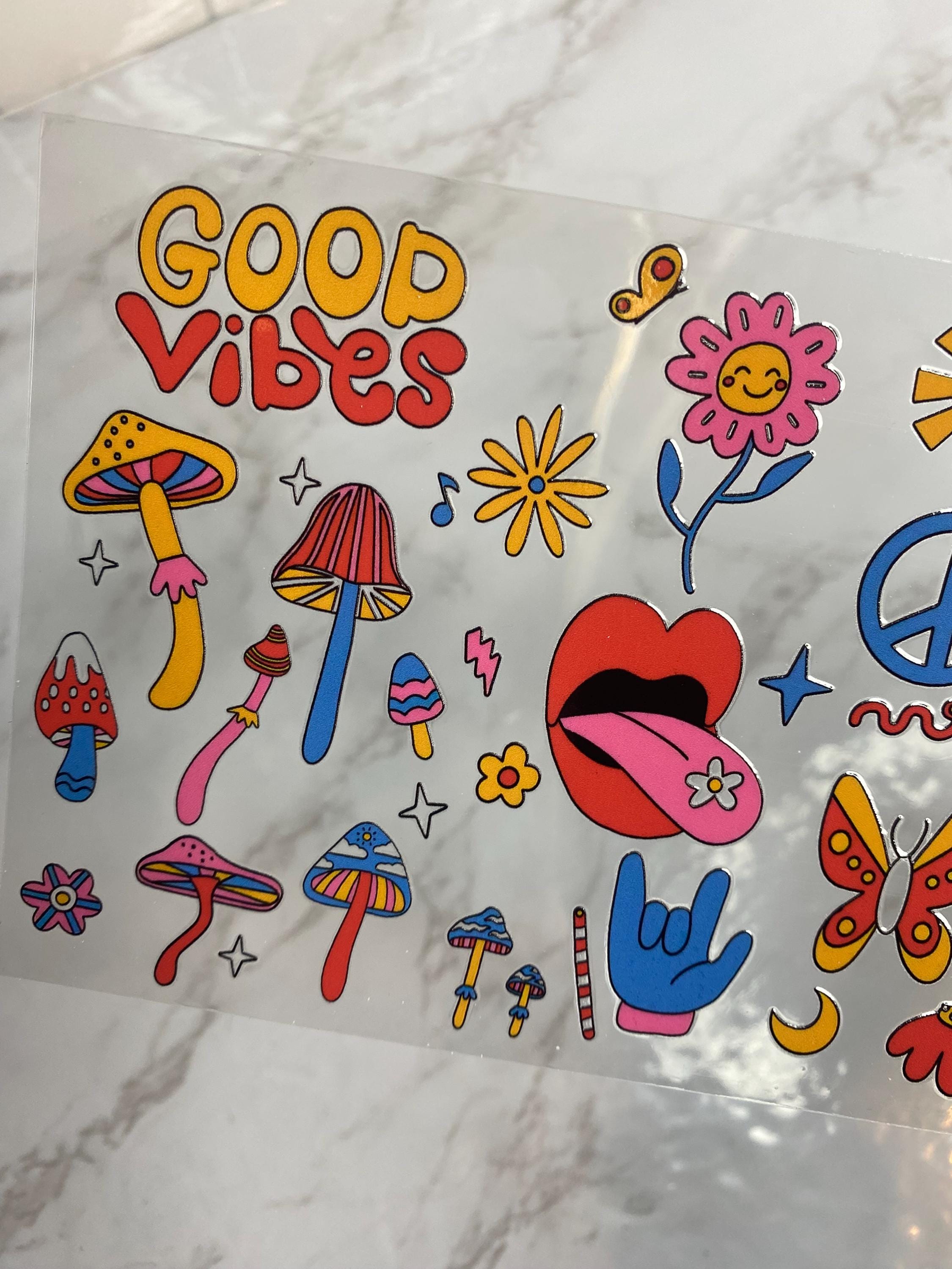 70s Theme UV DTF 16oz Tumbler Wrap: Retro Colorful Design