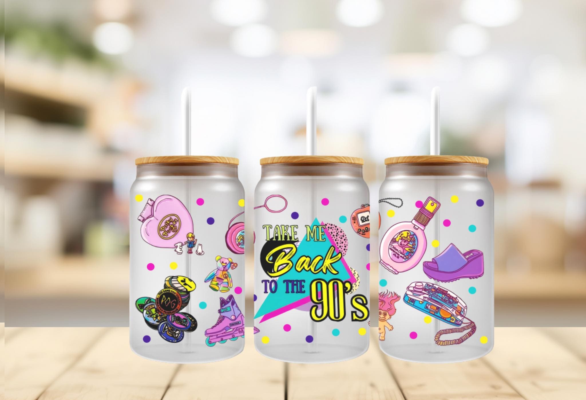 90s Theme UV DTF 16oz Tumbler Wrap: Vibrant Design