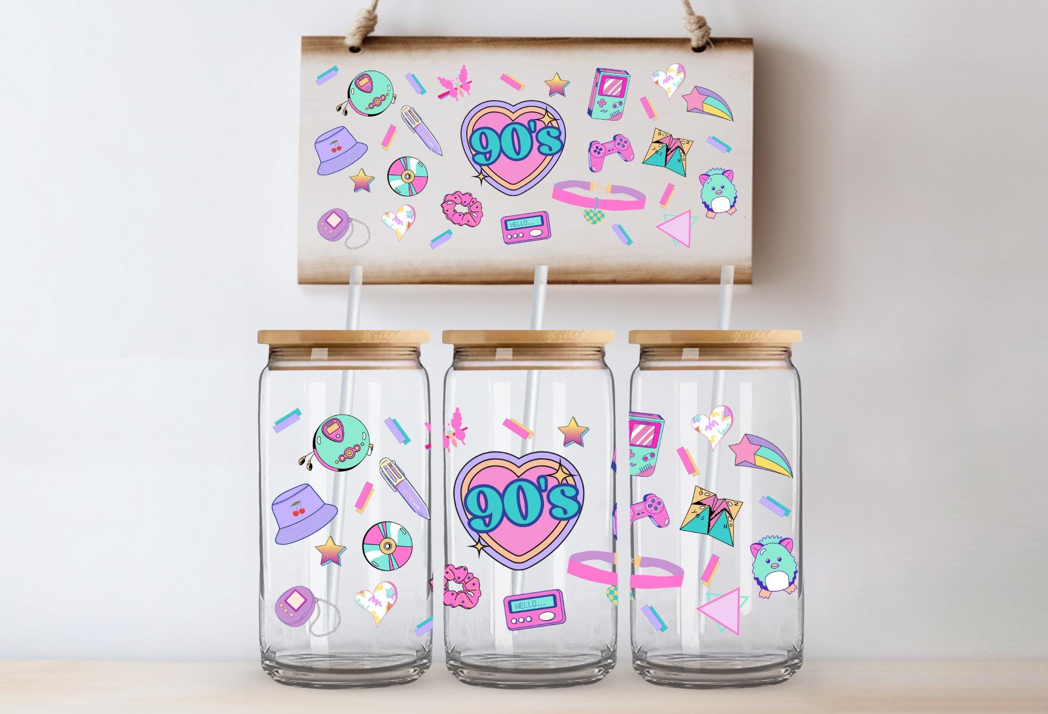 90's Theme, UV DTF 16 oz wrap, 90's kid, pastel