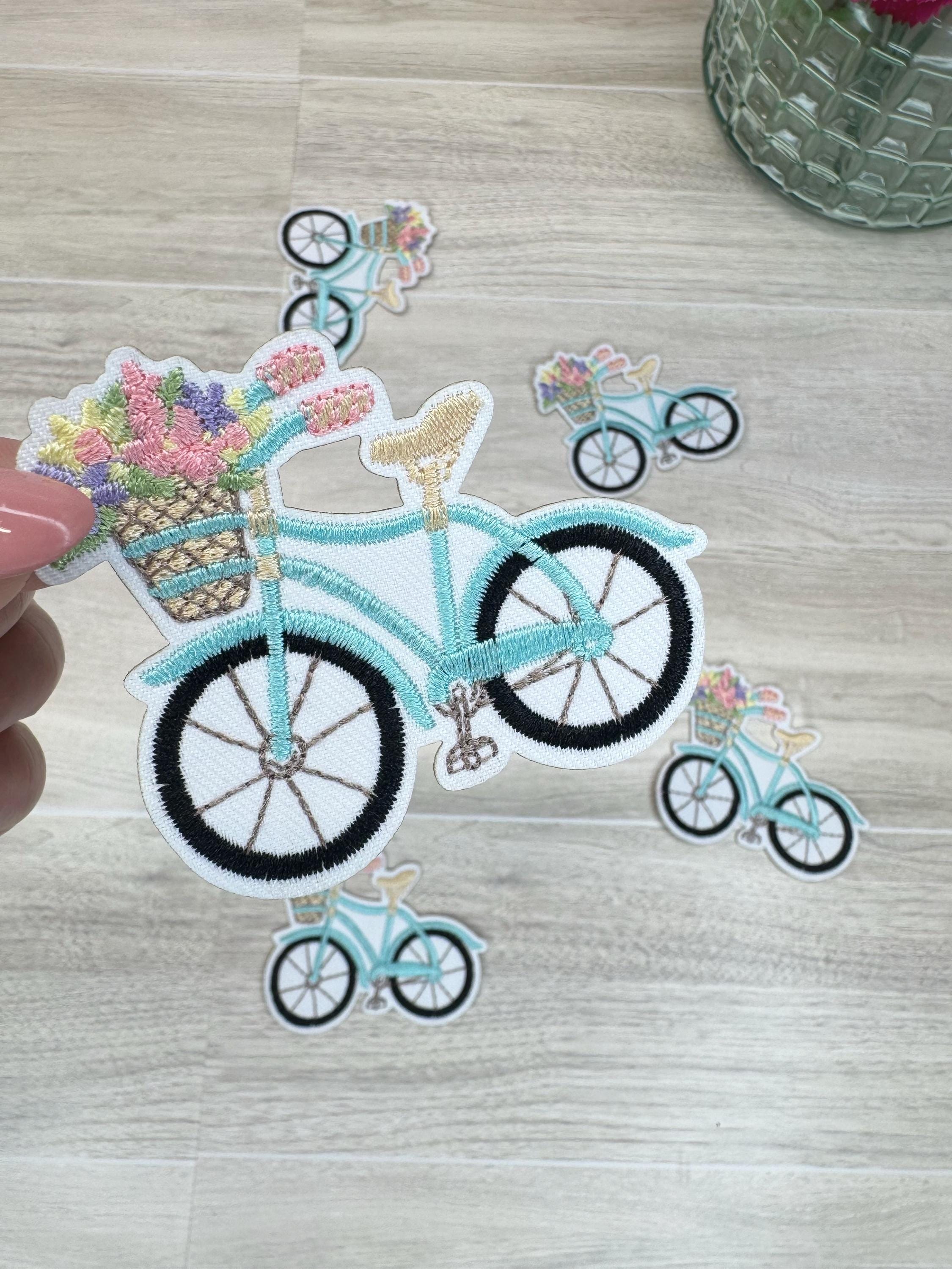 Aqua Bicycle Embroidered Patch: Floral Bike Applique (3.15 inch)