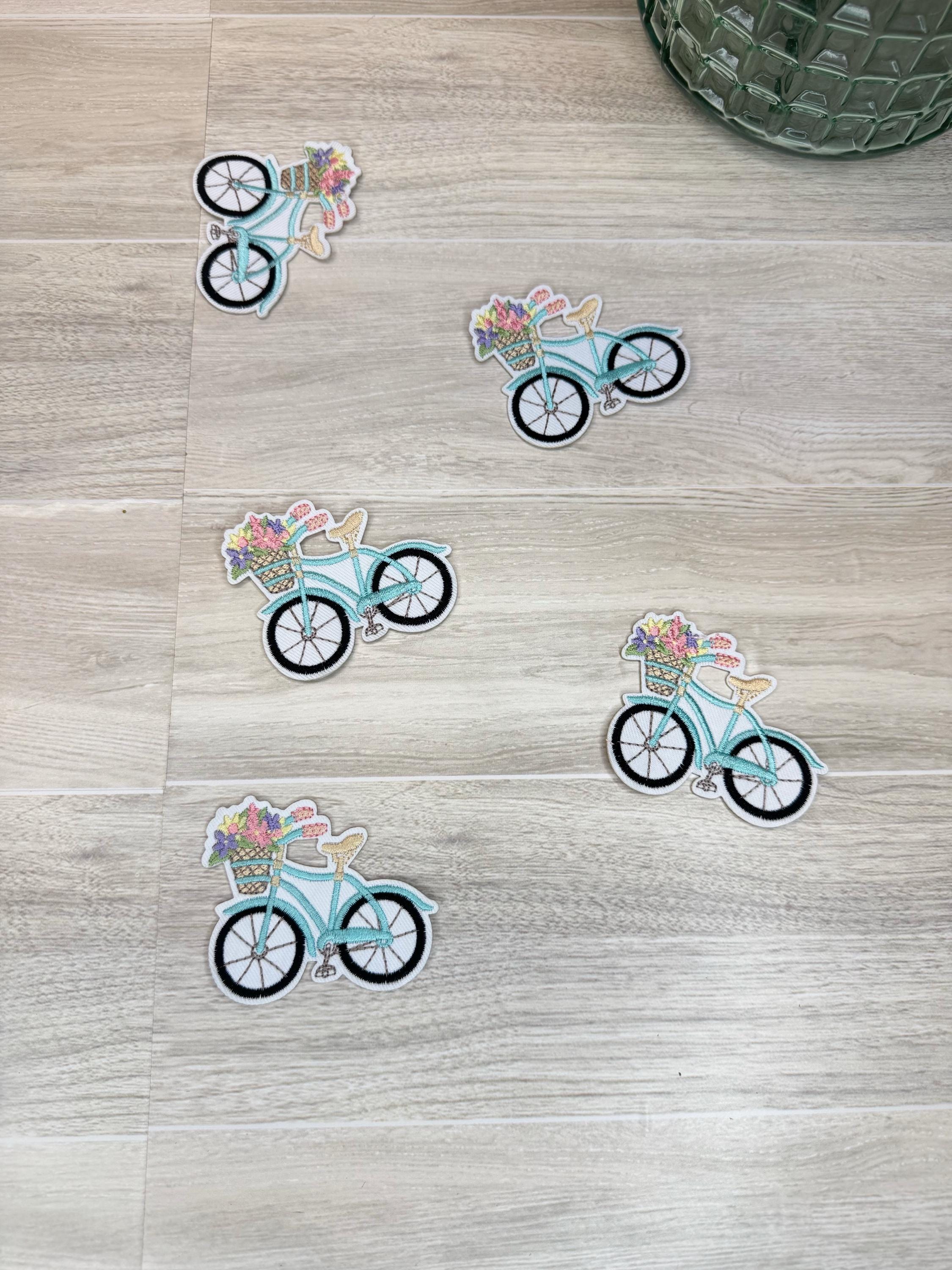 Aqua Bicycle Embroidered Patch: Floral Bike Applique (3.15 inch)