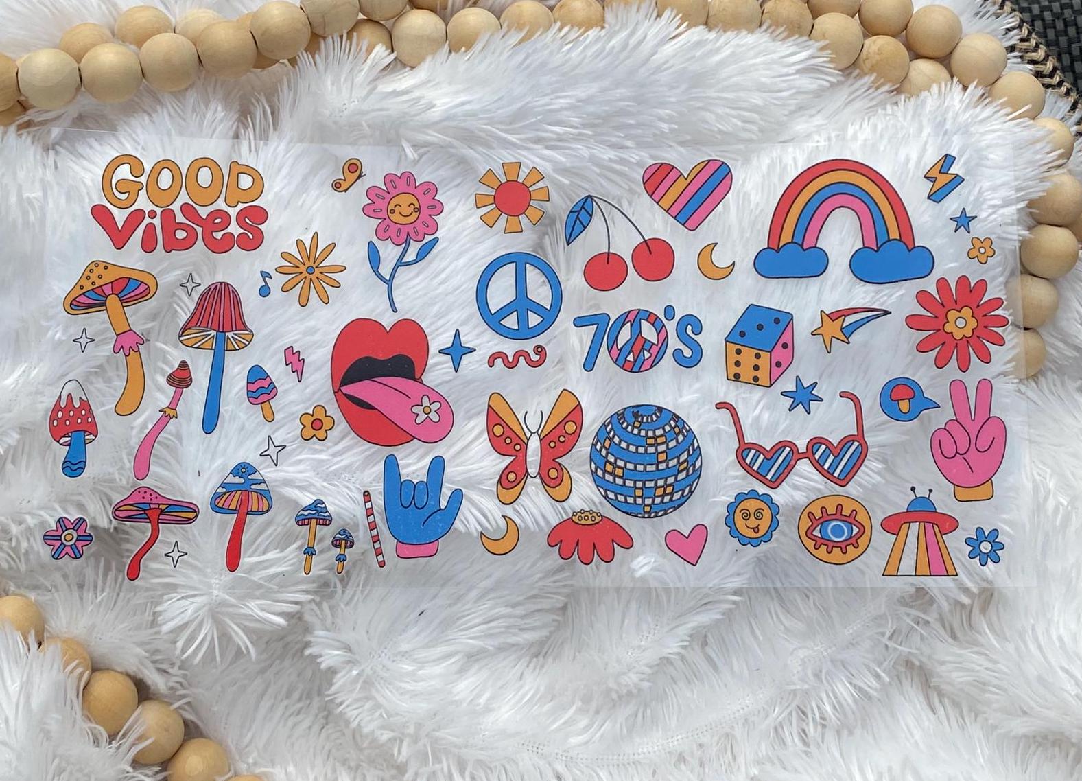 70s Theme UV DTF 16oz Tumbler Wrap: Retro Colorful Design