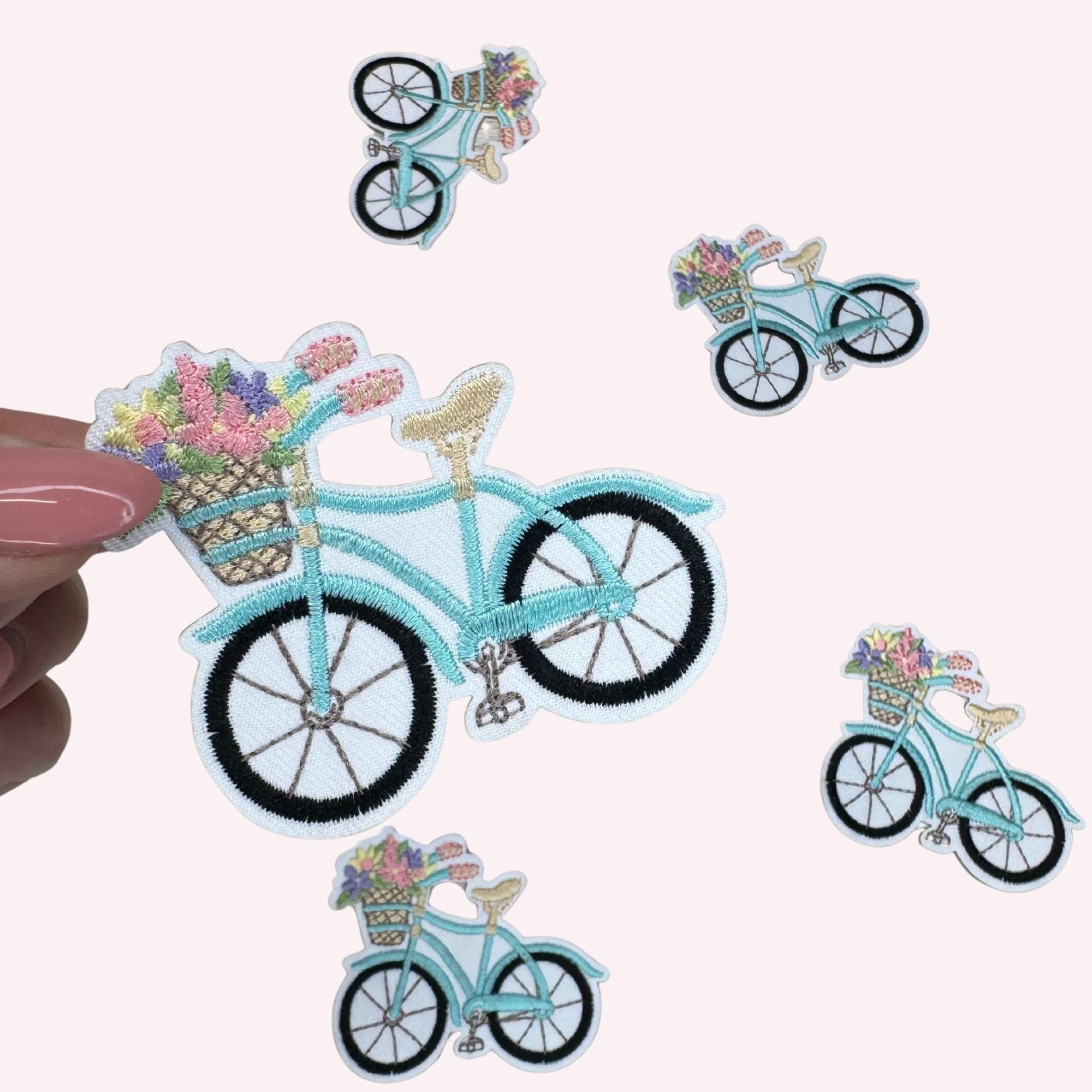 Aqua Bicycle Embroidered Patch: Floral Bike Applique (3.15 inch)