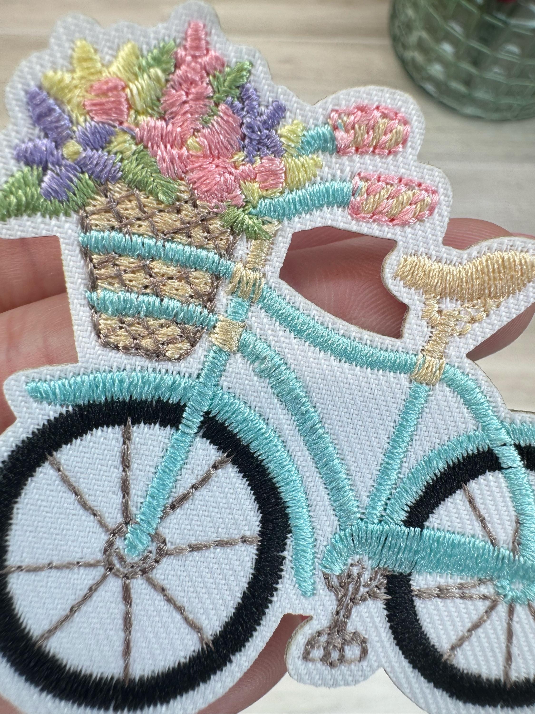 Aqua Bicycle Embroidered Patch: Floral Bike Applique (3.15 inch)
