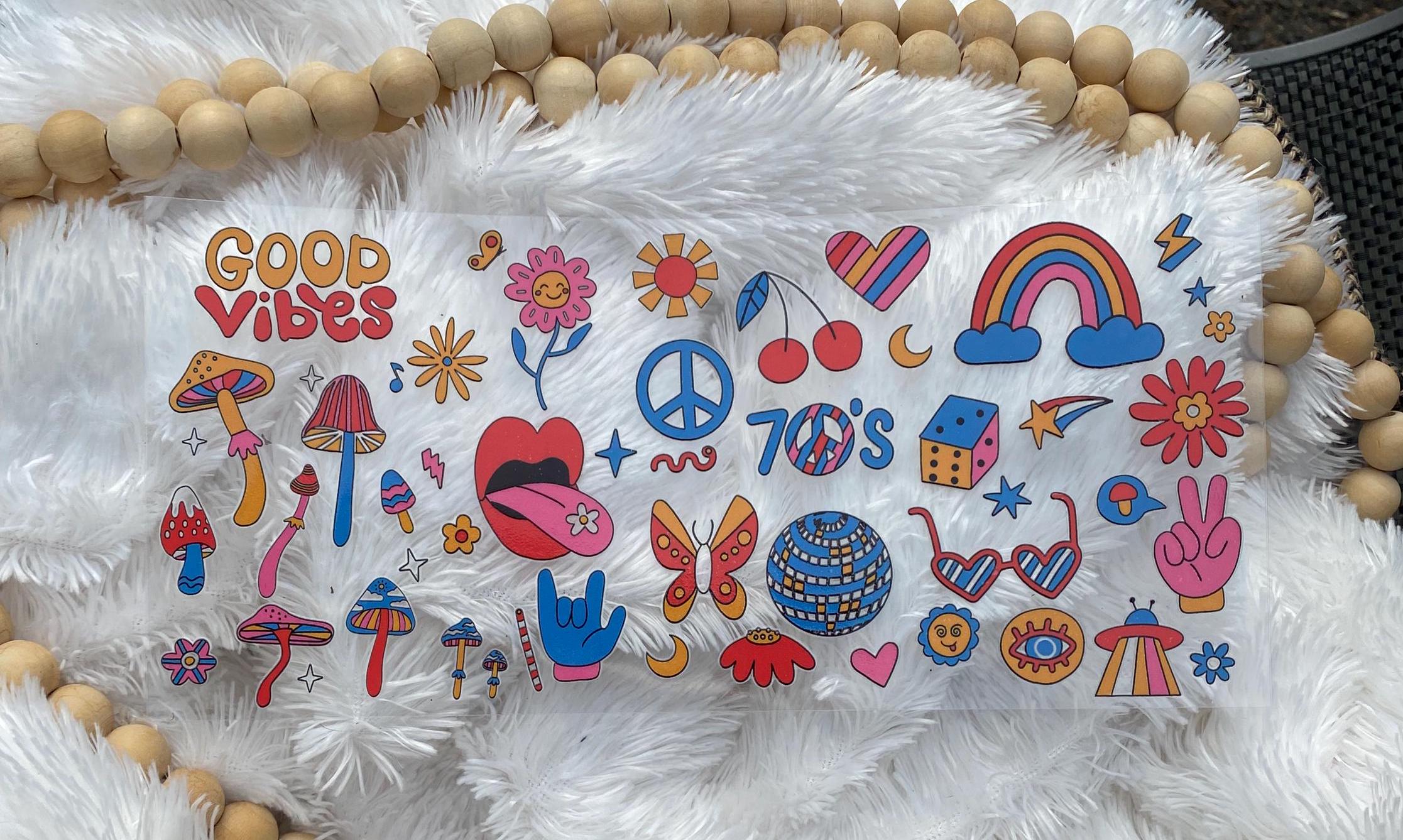 70s Theme UV DTF 16oz Tumbler Wrap: Retro Colorful Design