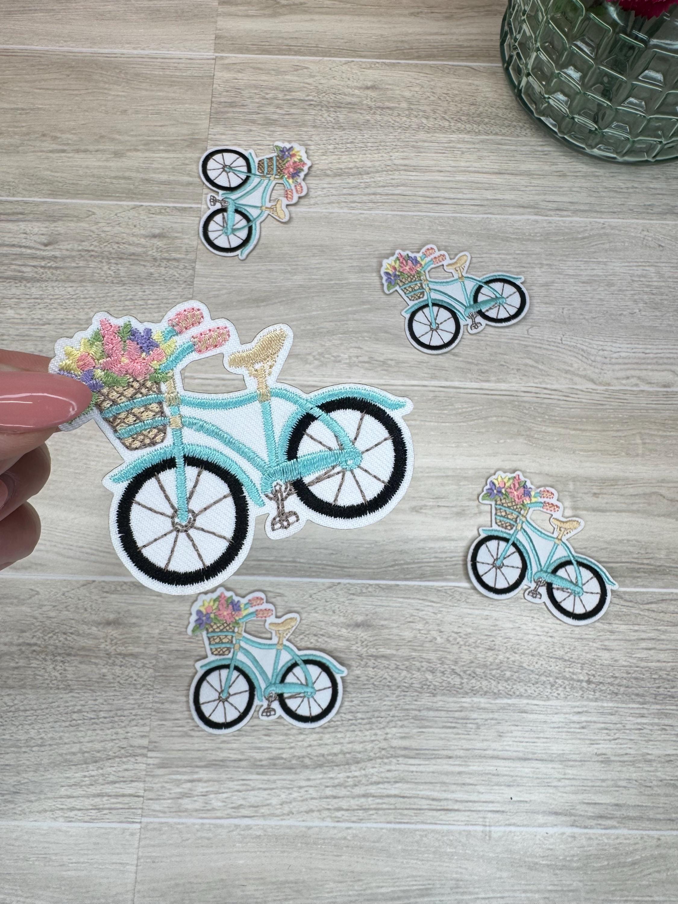 Aqua Bicycle Embroidered Patch: Floral Bike Applique (3.15 inch)