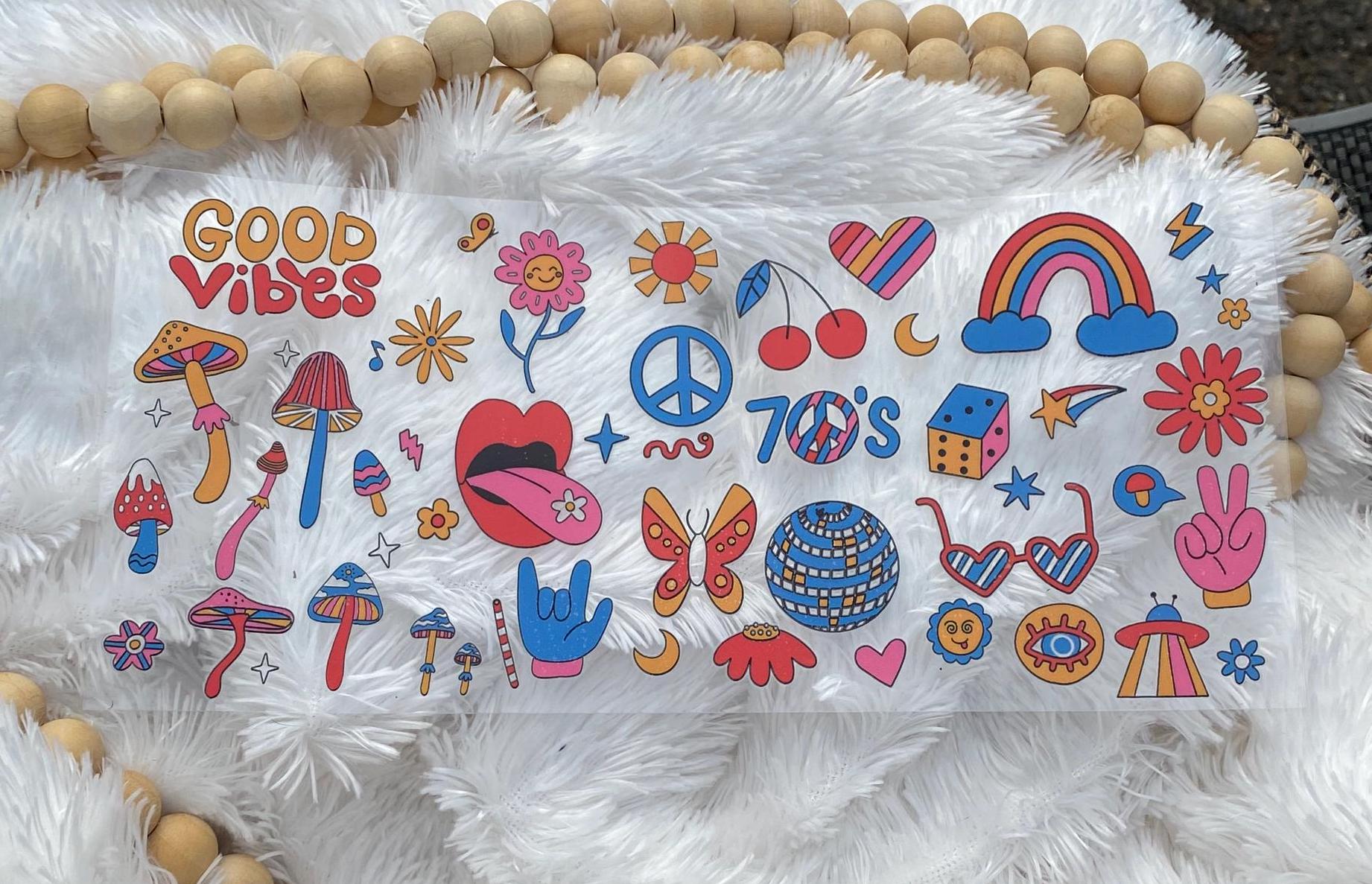 70s Theme UV DTF 16oz Tumbler Wrap: Retro Colorful Design